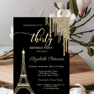Invitación Brillos dorados, Torre Eiffel Cumpleaños 30