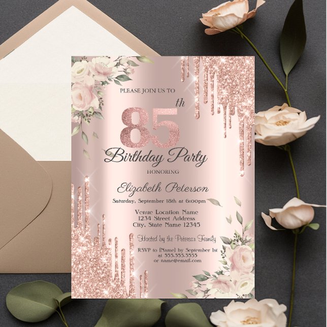 Invitación Brillos Elegantes que Gotean, Flores Rosa Dorado C (Subido por el creador)