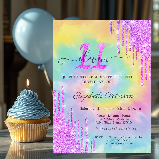 Invitación Brillos Geniales Goteos Tie Dye 11 Cumpleaños (Subido por el creador)