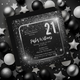 Invitación Brillos Glitzy Estrellas Cumpleaños 21 Plateado