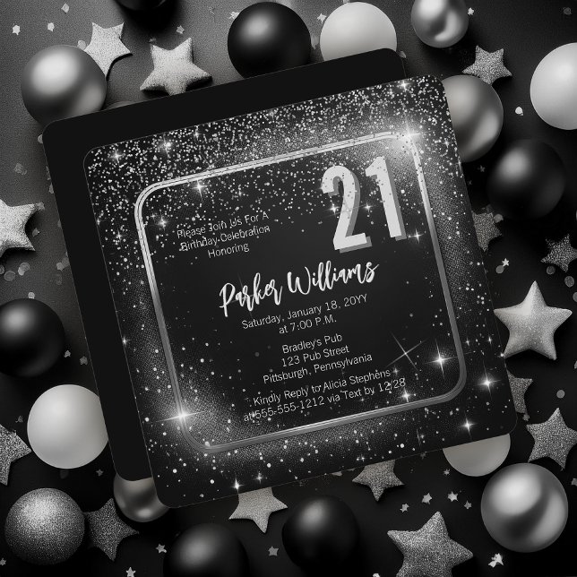 Invitación Brillos Glitzy | Estrellas Cumpleaños 21 Plateado (Glitzy Sparkles Black and Silver Tone Modern Elegant 21st Birthday Party Square Invitation )