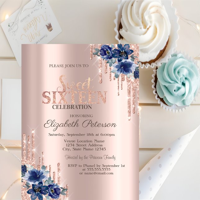 Invitación  Brillos Gotean Rosa Oro Azul Flores Dulces 16  (Subido por el creador)