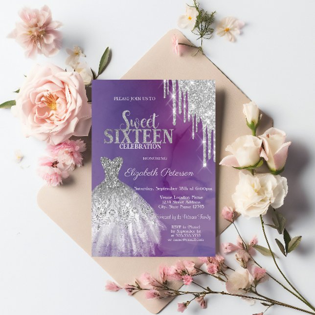 Invitación Brillos Modernos de Plata que Caen, Vestido Violet (Subido por el creador)