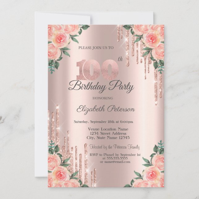 Invitación Brillos Modernos Flores Gotear Rosa Dorado 100º  (Anverso)