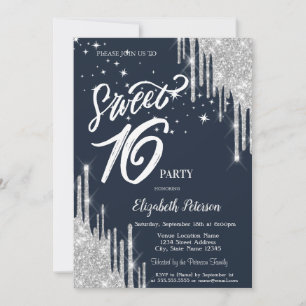 Invitación  Brillos Plateados Estrellas Gotear Azul Marino Du