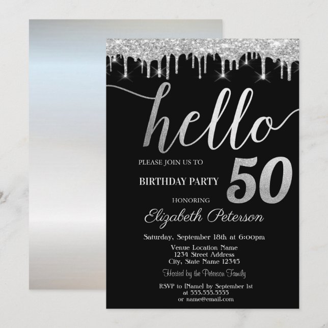 Invitación Brillos que Gotean Fiesta de Cumpleaños Número 50  (Anverso / Reverso)