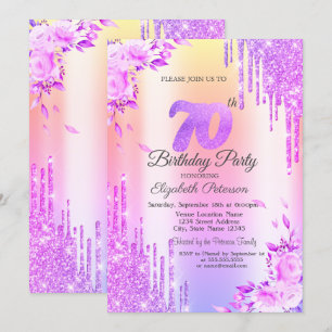 Invitación Brillos que gotean,Rosas,Cumpleaños 70 Violeta 