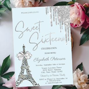 Invitación  Brillos que gotean Torre Eiffel Lazo Azul Dulces 