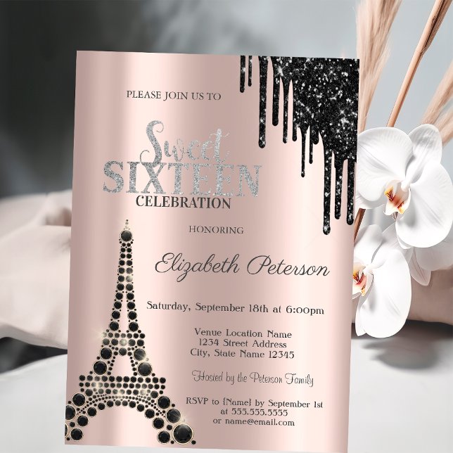 Invitación Brillos que gotean, Torre Eiffel Negra Cumpleaños  (Subido por el creador)
