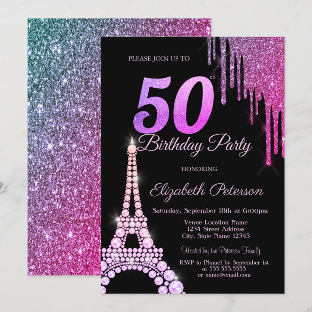 Invitación Brillos que gotean,Torre Eiffel Negra Cumpleaños 5 (Anverso / Reverso)