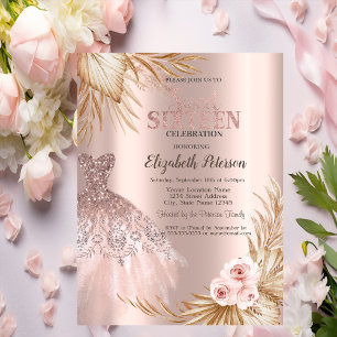 Invitación Brillos que gotean, Vestido, Pampas Rosa Dorado Du
