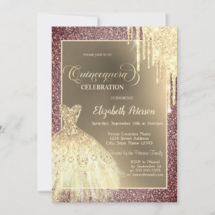 Invitación Brillos que Gotean, Vestido Rosa Dorado con Brillo
