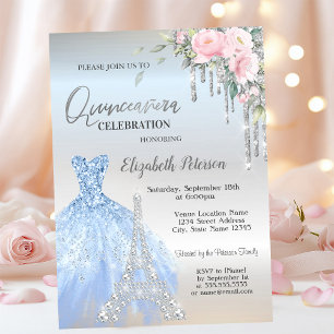 Invitación Brillos que gotean, vestido, rosas de la Torre Eif