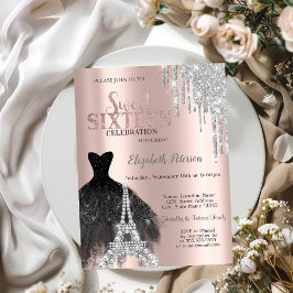 Invitación  Brillos que gotean,Vestido,Torre Eiffel Dulces 16
