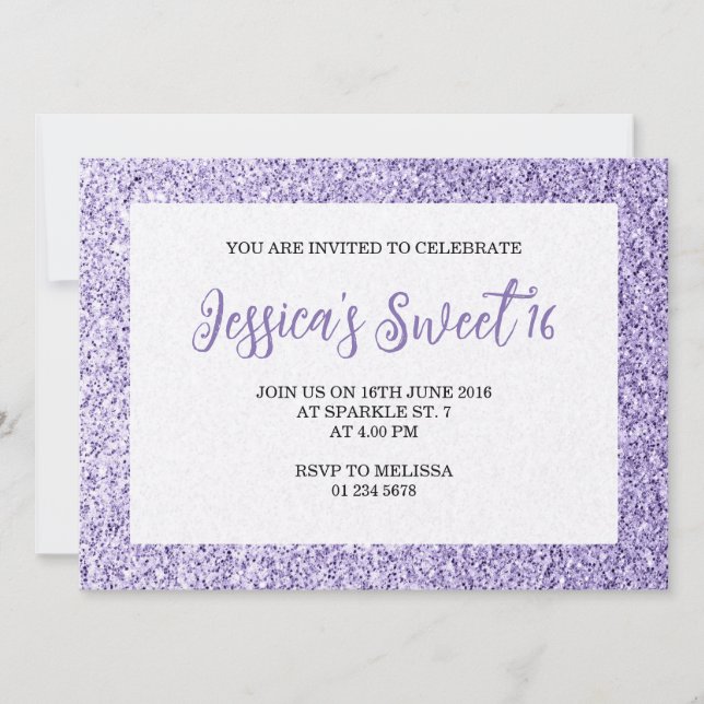 Invitación Brillos violeta claro Sweet 16 guión elegante (Anverso)