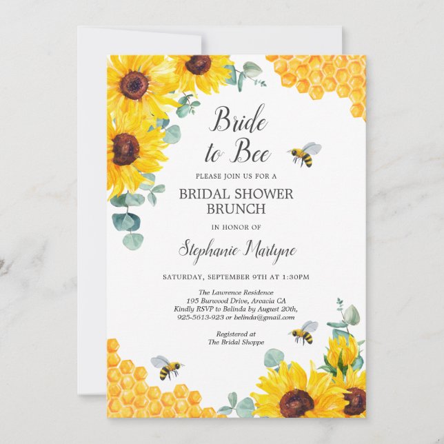 Invitación Brindar De Novia A Bee Sunflower Honey Bridal Show (Anverso)