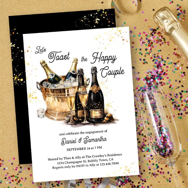 Invitación Brindemos champán en la fiesta de compromiso de hi (Champagne Toast Engagement Party Invitation)