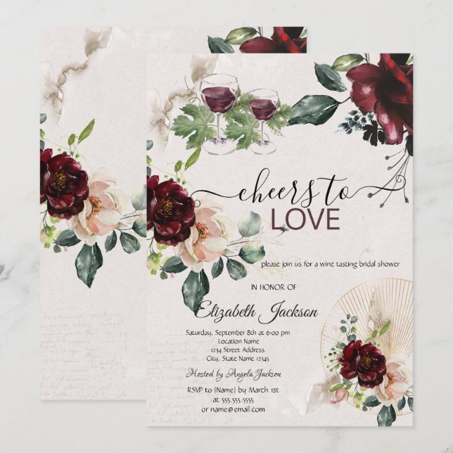 Invitación Brindis al Amor Rosas Borgoña Despedida de Soltera (Anverso / Reverso)