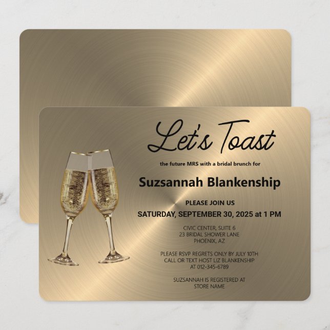Invitación Brindis con copa de champán sobre metálico falso  (Anverso / Reverso)