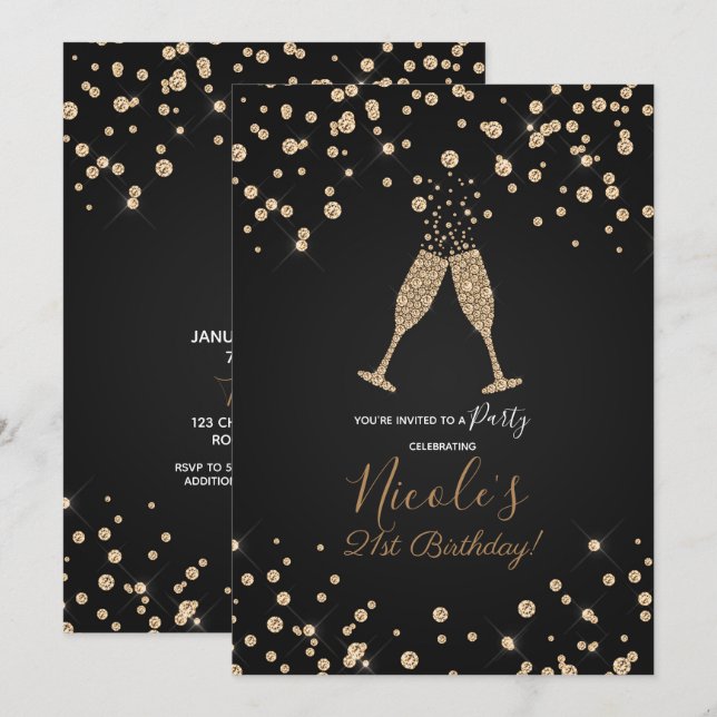 Invitación Brindis de Champagne con Diamantes Fiesta de Cumpl (Anverso / Reverso)