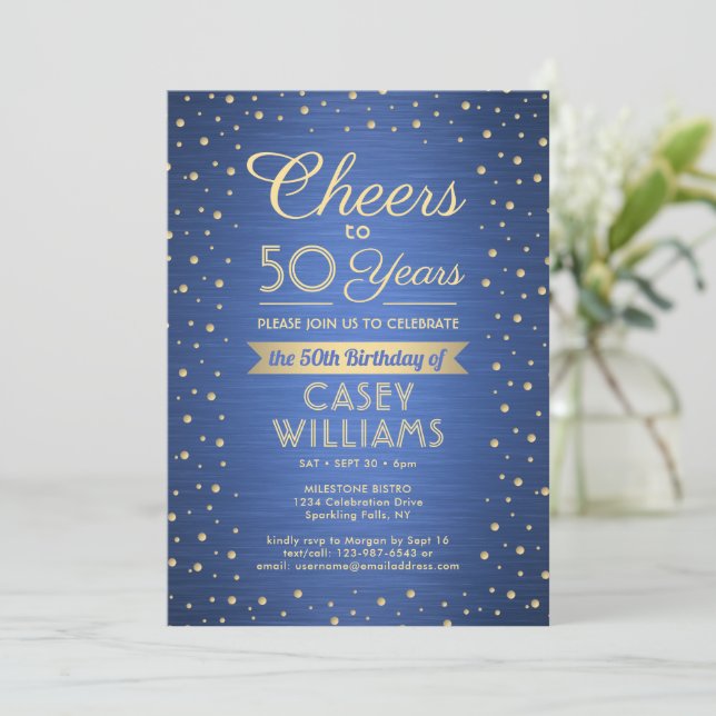 Invitación Brindis de cumpleaños con confeti azul y dorado ce (Anverso de pie)