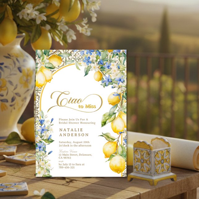 Invitación Brindis de Despedida de Soltera Ciao a Señorita Fl (Italian Floral Lemon Ciao To Miss Bridal Shower Invitation)