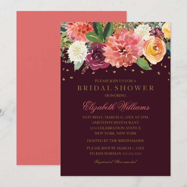 Invitación Brindis Floral Dorado con Purpurina de Melocotón B (Anverso / Reverso)