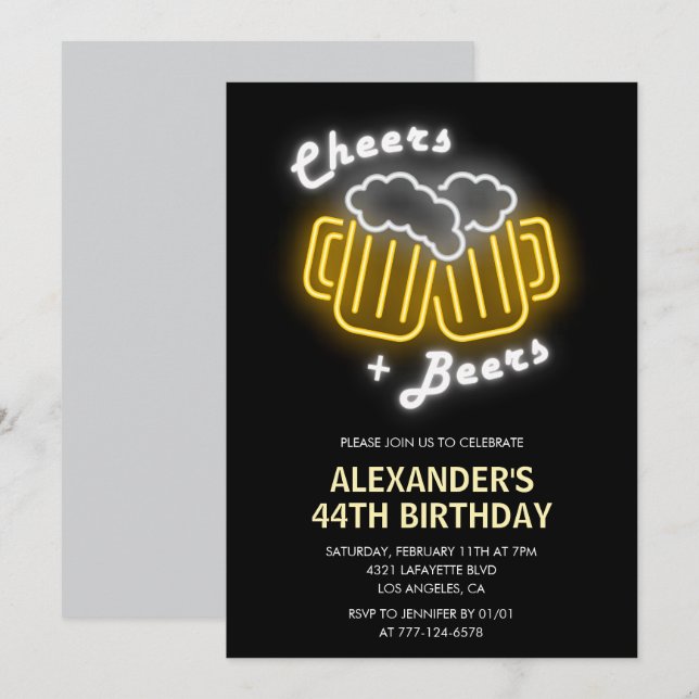 Invitación Brindis negro y cervezas Bebidas 44 cumpleaños (Anverso / Reverso)