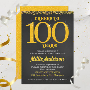 Invitación Brindis por 100 años Cumpleaños Dorado Negro Cente