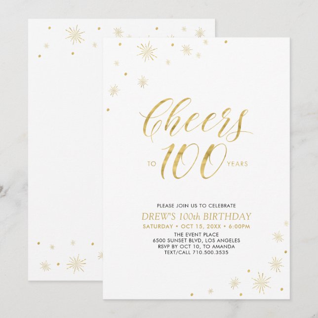 Invitación Brindis por 100 | Fiesta de cumpleaños 100 dorada  (Anverso / Reverso)