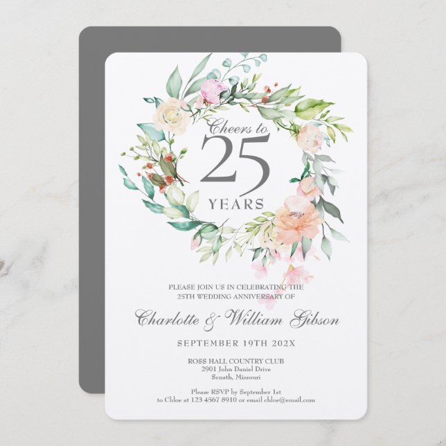 Invitación Brindis por 25 años Bodas de plata Metálico (Anverso / Reverso)
