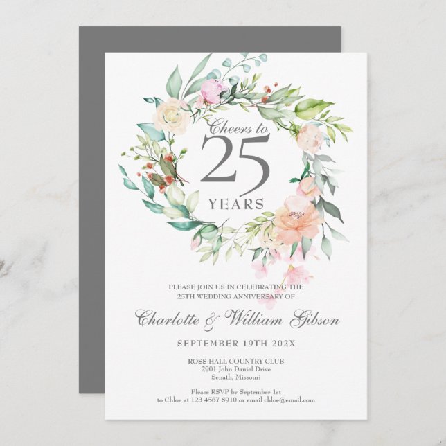 Invitación Brindis por 25 Años Rosas de Aniversario de Plata (Anverso / Reverso)