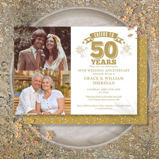 Invitación Brindis por 50 Aniversario de Boda 2 Fotos (Cheers To 50th Wedding Anniversary 2 Photo Invitation)