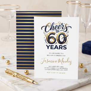 Invitación Brindis por 60 años Cumpleaños azul oro elegante