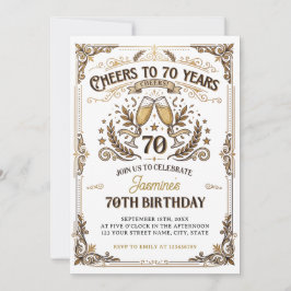 Invitación Brindis por 70 años Cumpleaños Dorado Blanco Vinta