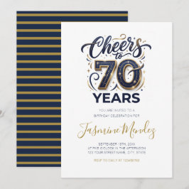 Invitación Brindis por 70 años Cumpleaños Elegante Dorado Azu