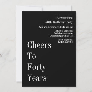 Invitación Brindis por cuarenta años Cumpleaños 40 negro y bl