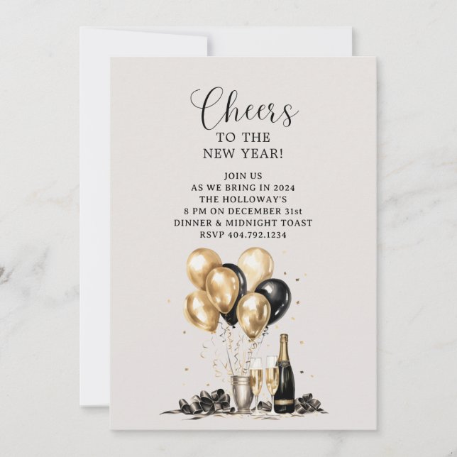 Invitación Brindis por el Año Nuevo Fiesta de Oro y Negro (Anverso)