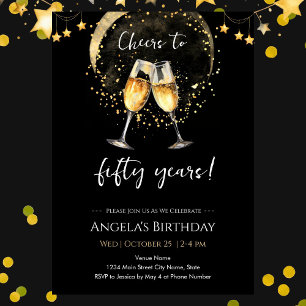 Invitación Brindis por los 50 cumpleaños negro y dorado