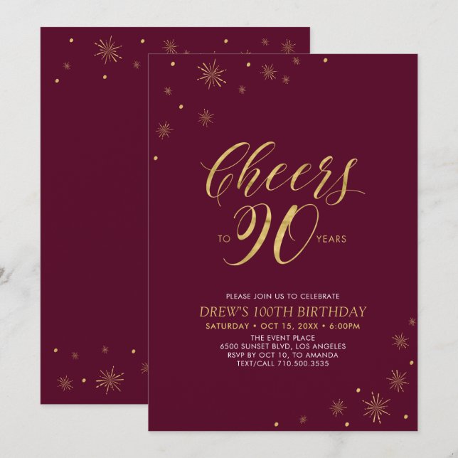 Invitación Brindis por los 90 Cumpleaños de oro y burdeos 90 (Anverso / Reverso)