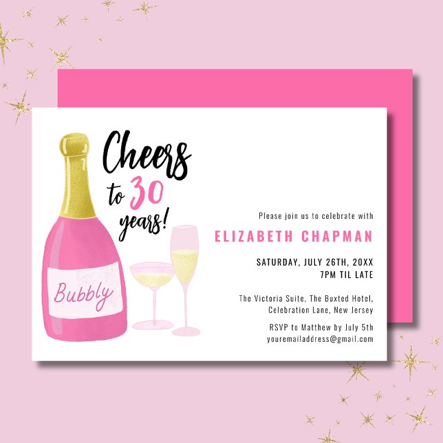 Invitación Brindis rosa por 30 años de burbujas cumpleaños 30 (Cheers to 30 years pink champagne 30th birthday invitation.  Full 30th birthday party range.)