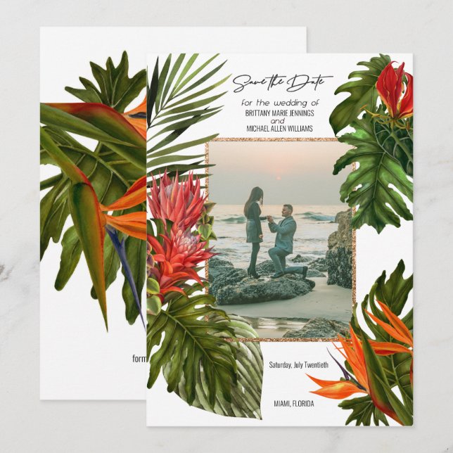 Invitación Brisa tropical exuberante foto botánica Save the D (Anverso / Reverso)