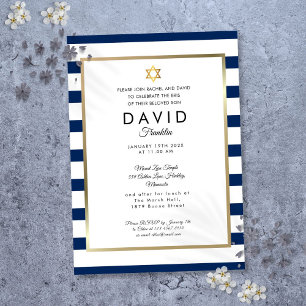 Invitación Brit Milah Azul Marino Raya Blanca Dorado