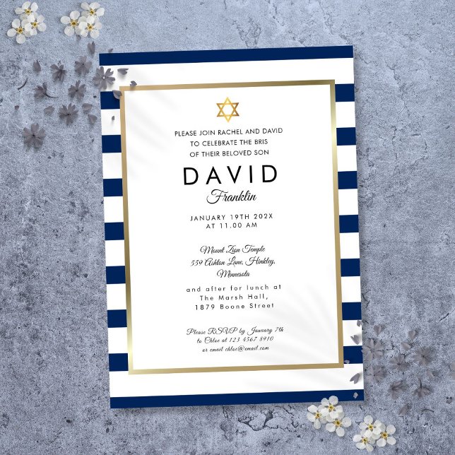 Invitación Brit Milah Navy Blue Stripe Gold (Brit Milah Navy Blue White Stripe Gold Invitation)