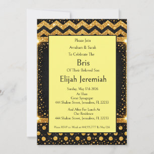 Invitación Brit Milah, purpurina de lunares y rayas doradas y
