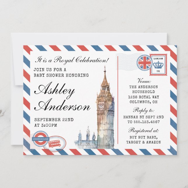 Invitación británica a Baby Shower en Londres (Anverso)