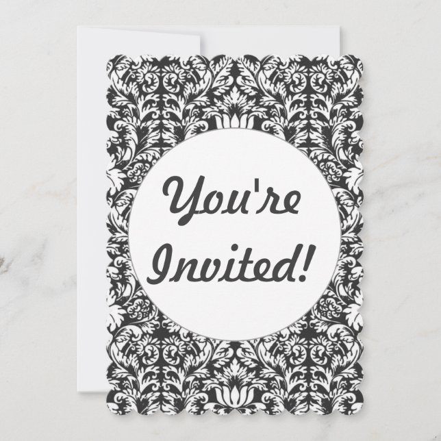 Invitación Brocade Lace de Damasco Blanco Negro (Anverso)