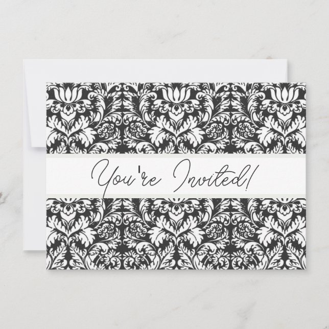 Invitación Brocade Lace de Damasco Blanco Negro (Anverso)