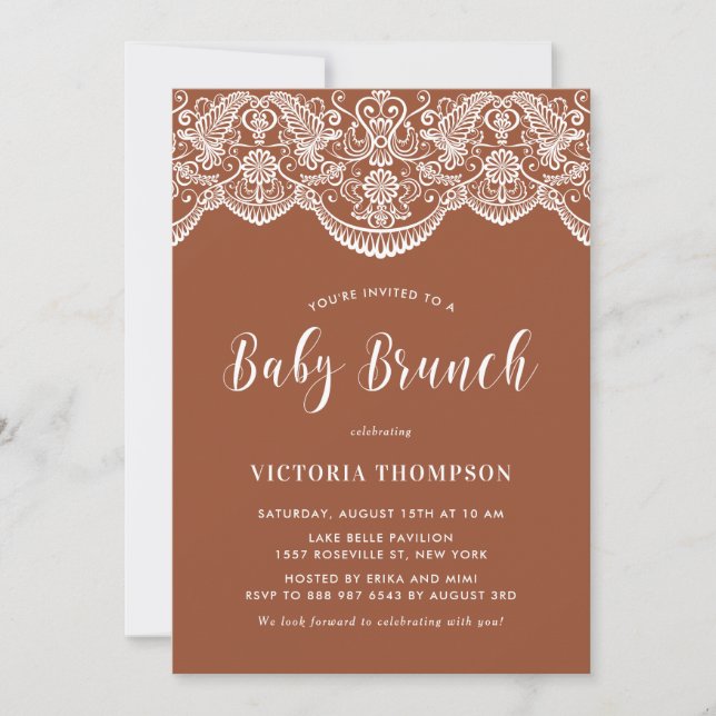 Invitación Brocade Lace Terracotta Baby Brunch (Anverso)