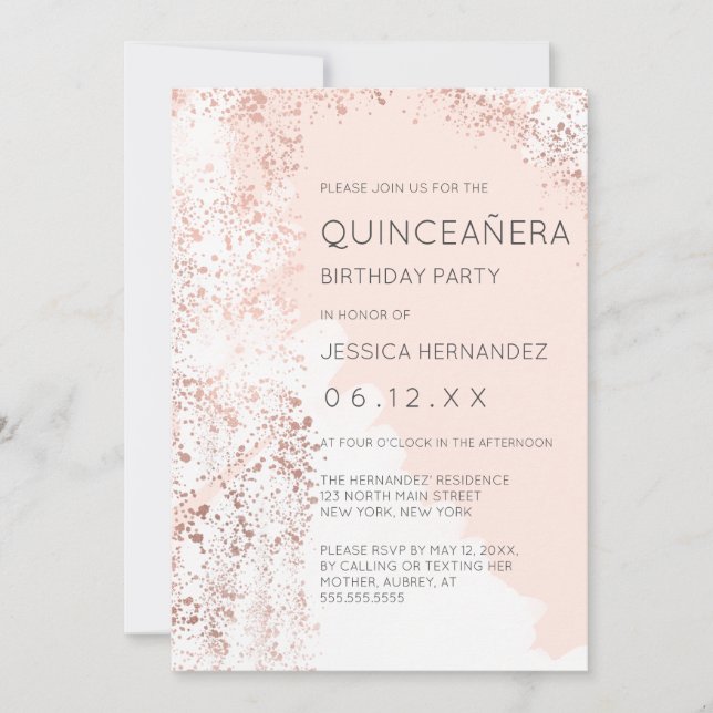 Invitación Brocha de broche de oro Rosa de Rubor Quinceañera (Anverso)